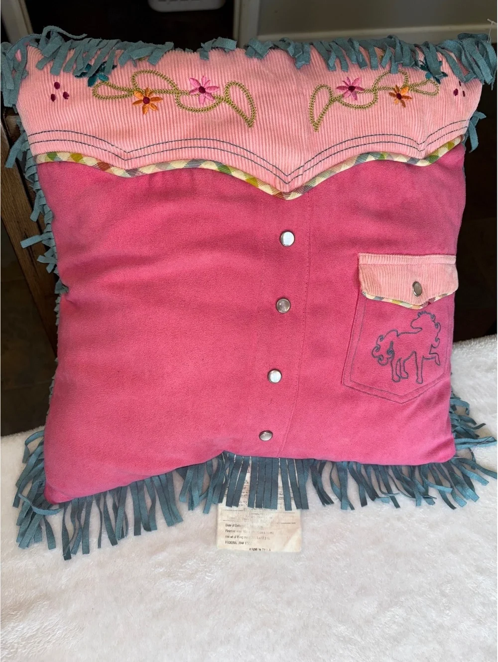 Pink Western Cowboy Shirt Decorative Pillow Horse Fringe Cowgirl Decor 14”